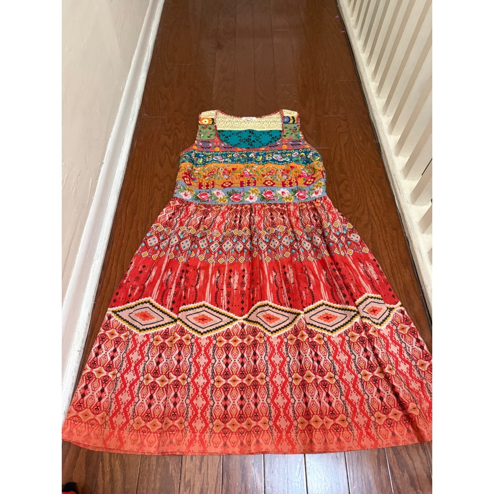 Sundance Silk Floral Embroidered Crochet Lace Boho Midi Dress Womens Large Red